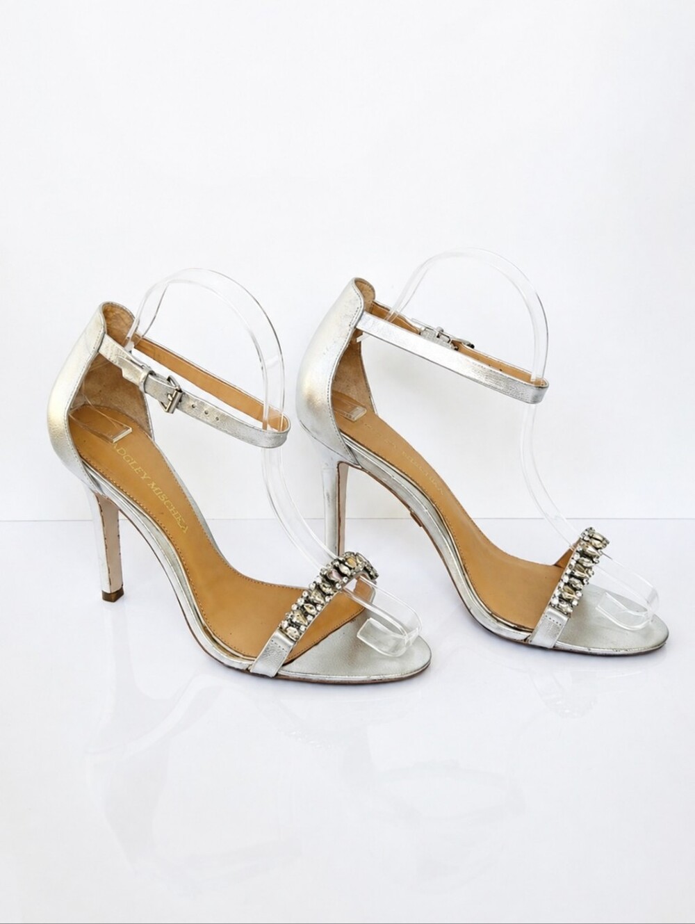 Badgley Mischka Silver Metallic Crystal Embellished Ankle Strap Heels Size 6.5